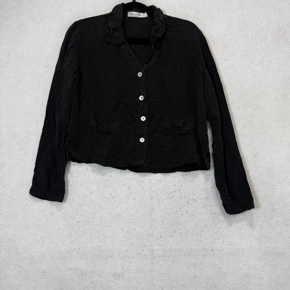 Cut Loose Jacket Womens S Black Cupro Crepe Ruffle Collar Button Front Cropped